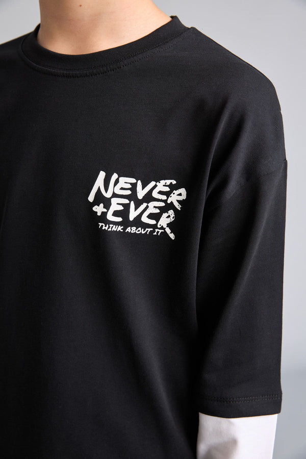 100% Cotton New Regular Fit Crew Neck Long Sleeve Black T-Shirt Boy