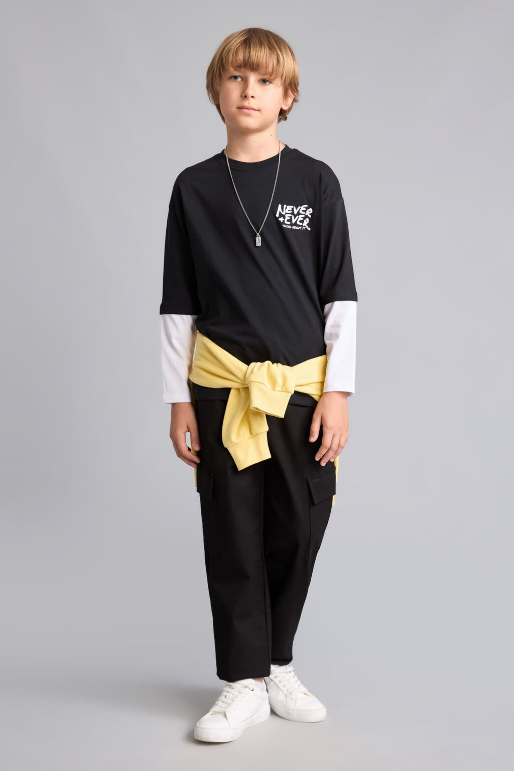 100% Cotton New Regular Fit Crew Neck Long Sleeve Black T-Shirt Boy
