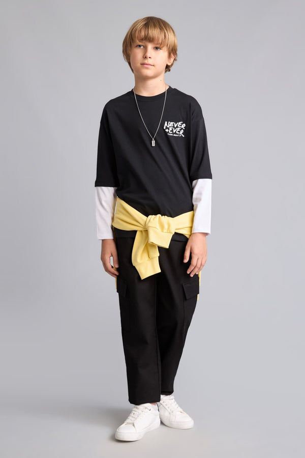 100% Cotton New Regular Fit Crew Neck Long Sleeve Black T-Shirt Boy