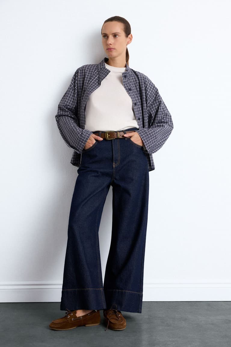 100% Cotton Baggy Fit Wide Leg Pocket Wash Belted Jeans