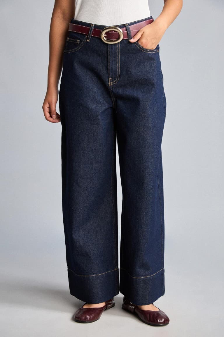100% Cotton Baggy Fit Wide Leg Pocket Wash Belted Jeans