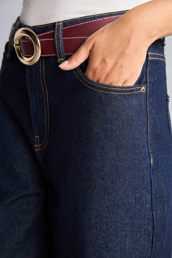 100% Cotton Baggy Fit Wide Leg Pocket Wash Belted Jeans