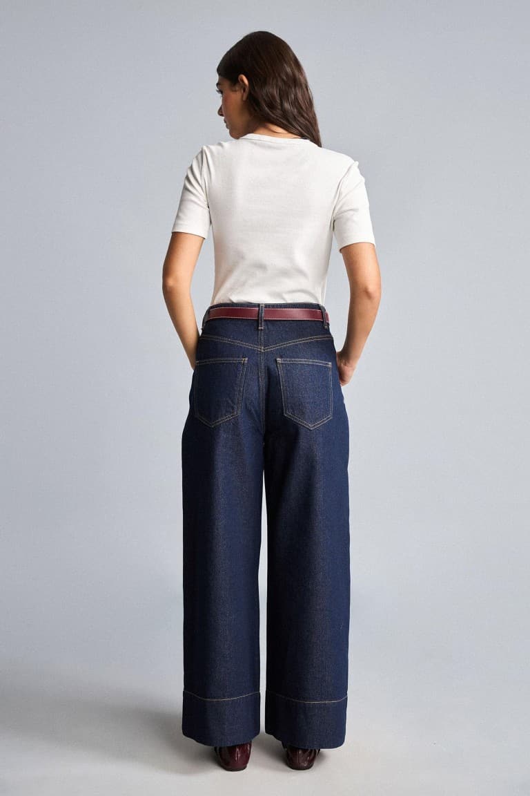 100% Cotton Baggy Fit Wide Leg Pocket Wash Belted Jeans
