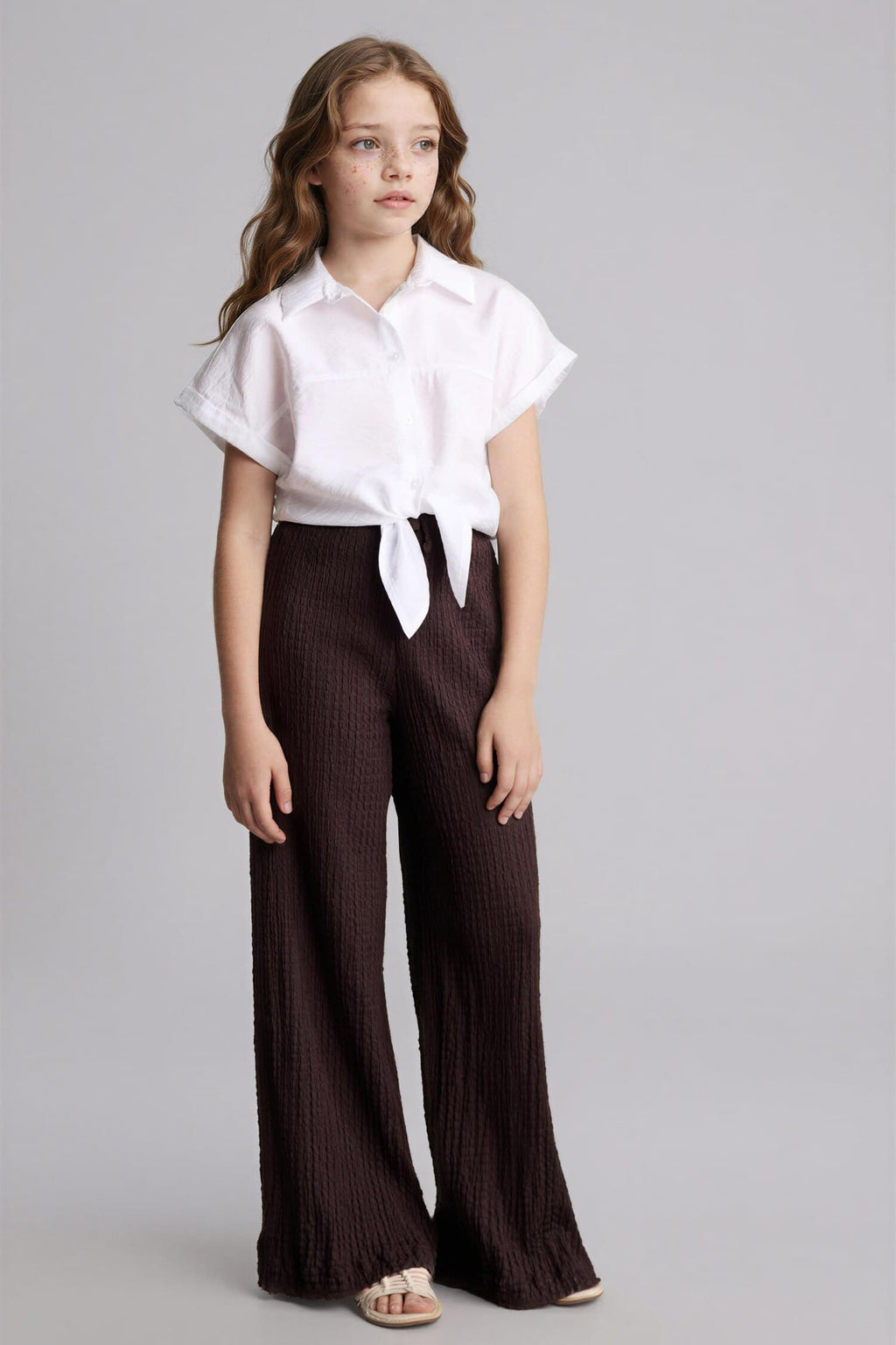 Wide Leg Crinkle Fabric Pants Girl