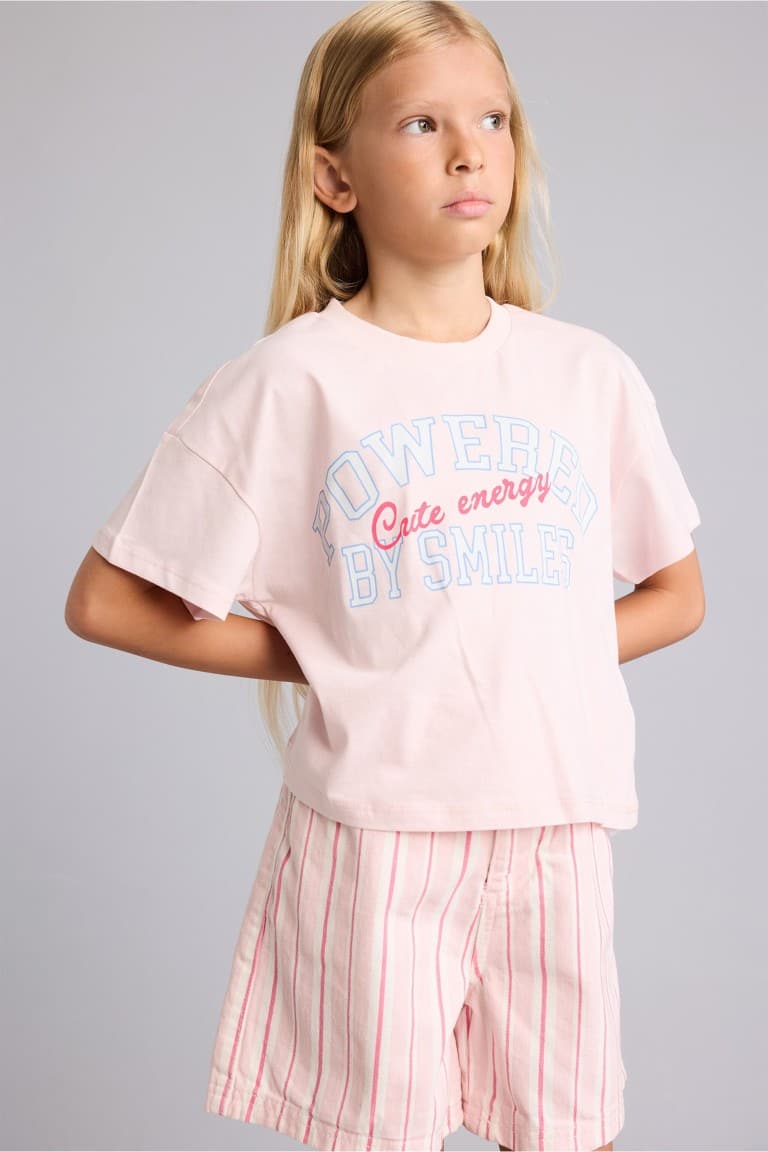 Crew Neck Slogan Printed Short Sleeve T-Shirt Girls