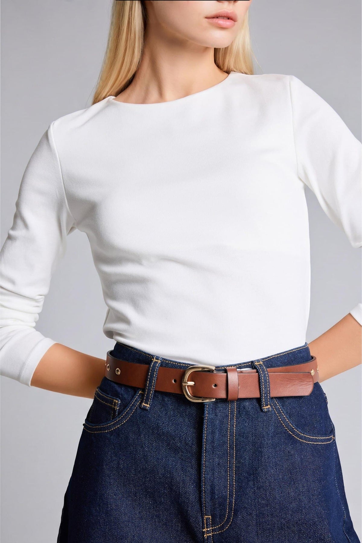 Women Rectangle Buckle Faux Leather Jean Brown Belt