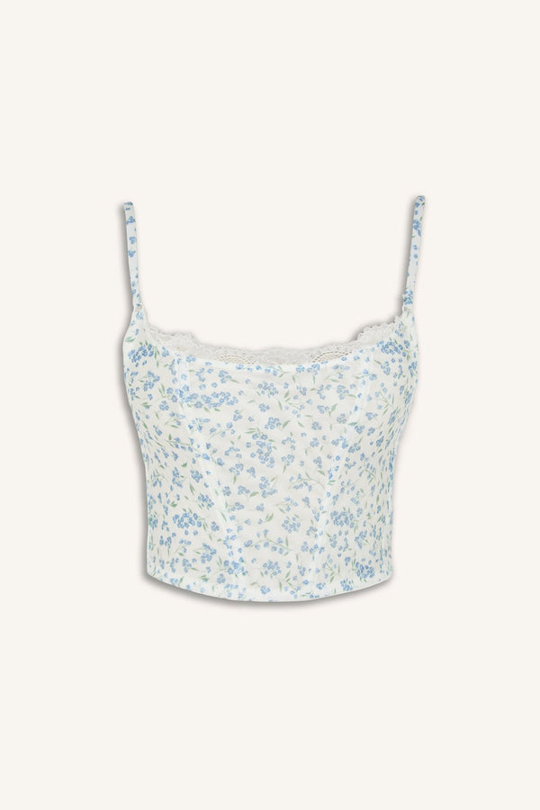 Floral Thin Strap Lace Detailed Light Blue Pajama Top
