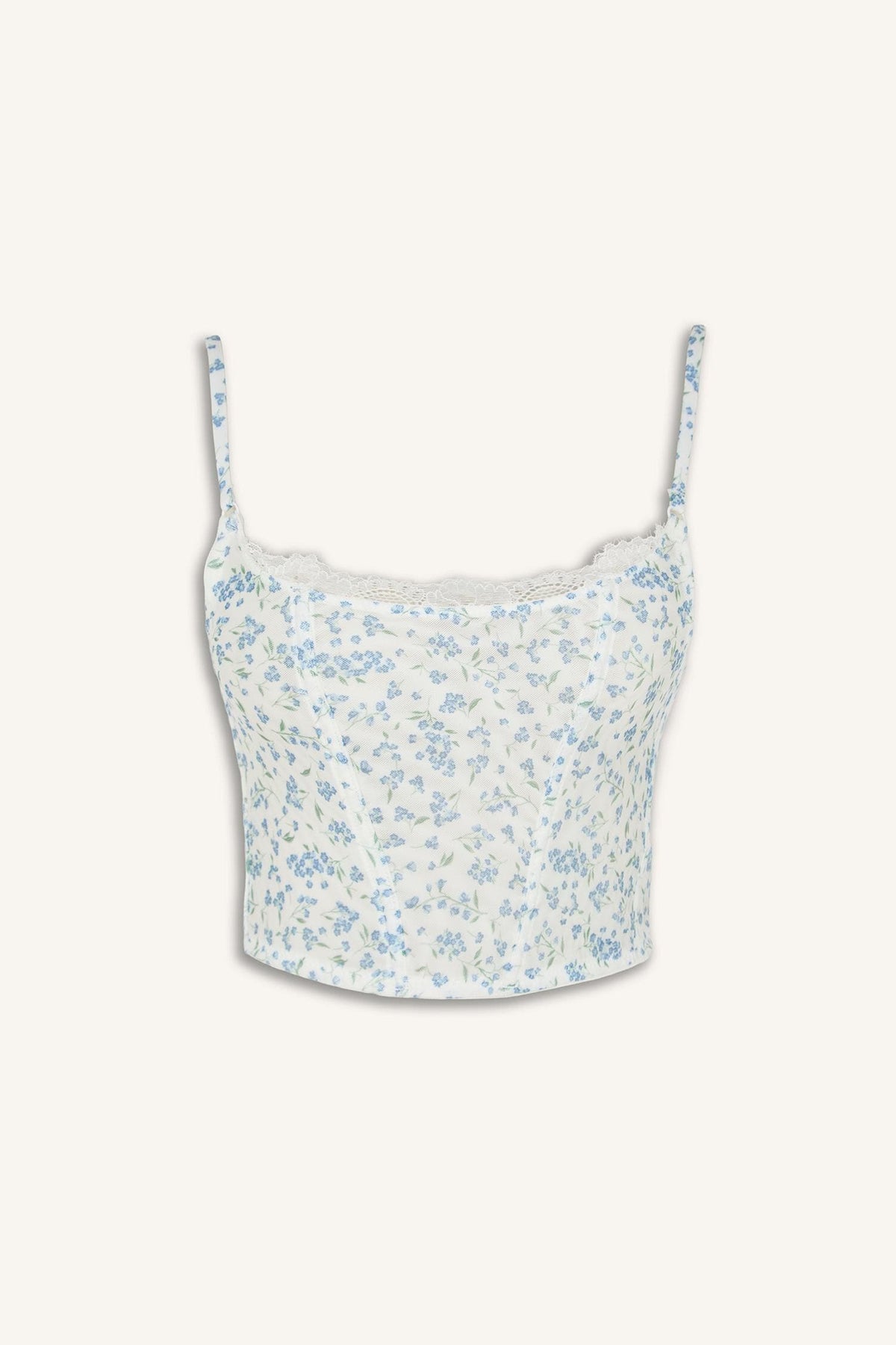 Floral Thin Strap Lace Detailed Light Blue Pajama Top