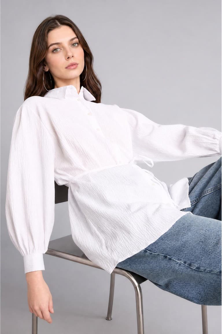 Relax Fit Wrinkle Textured Fabric Long Sleeve White Tunic