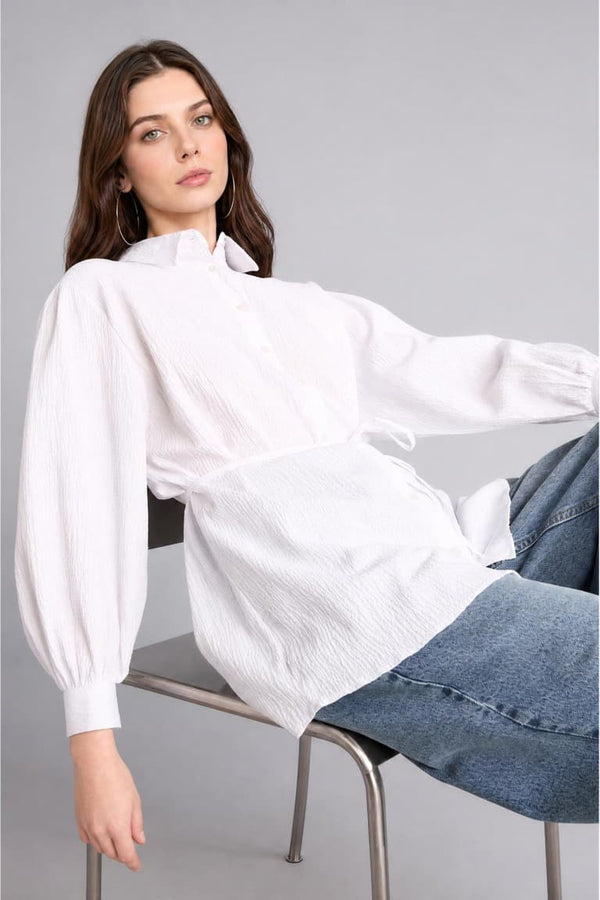 Relax Fit Wrinkle Textured Fabric Long Sleeve White Tunic