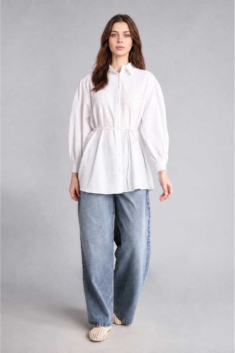 Relax Fit Wrinkle Textured Fabric Long Sleeve White Tunic Secondary image