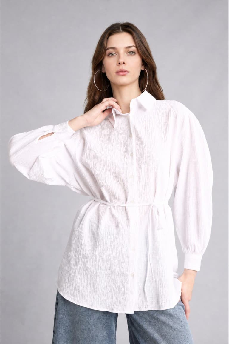 Relax Fit Wrinkle Textured Fabric Long Sleeve White Tunic