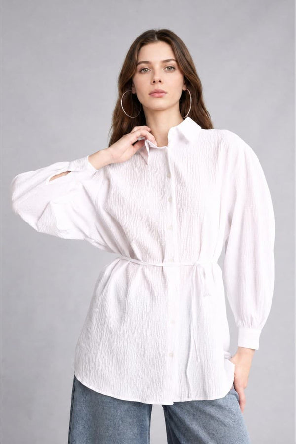 Relax Fit Wrinkle Textured Fabric Long Sleeve White Tunic