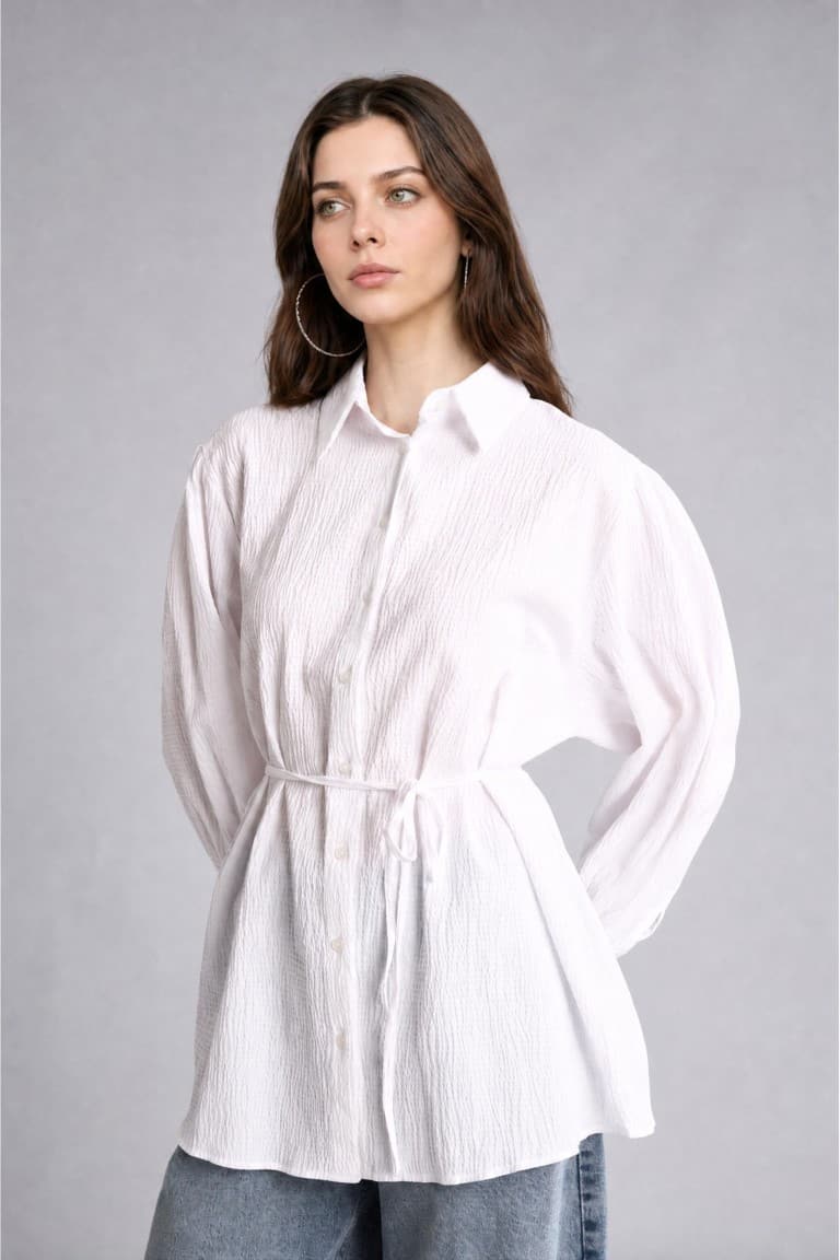 Relax Fit Wrinkle Textured Fabric Long Sleeve White Tunic