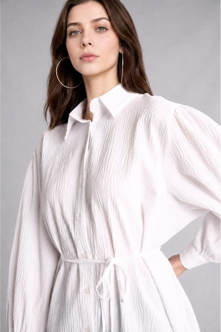Relax Fit Wrinkle Textured Fabric Long Sleeve White Tunic