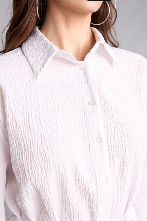 Relax Fit Wrinkle Textured Fabric Long Sleeve White Tunic