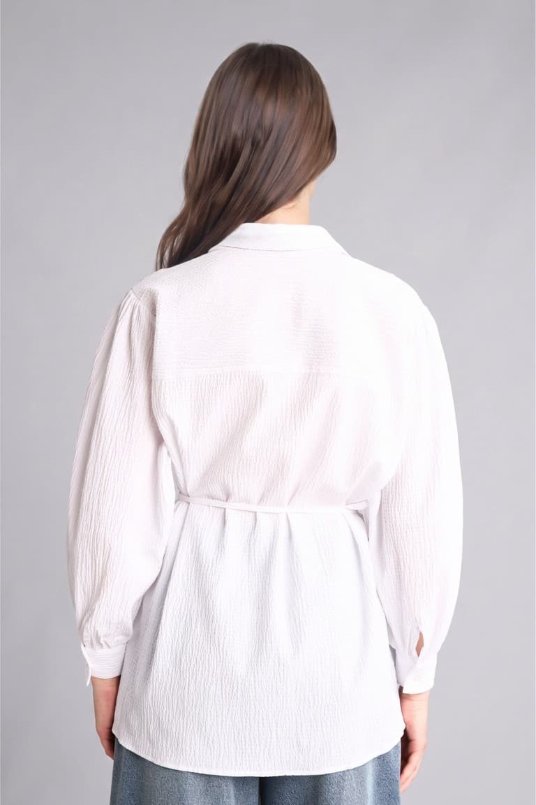 Relax Fit Wrinkle Textured Fabric Long Sleeve White Tunic