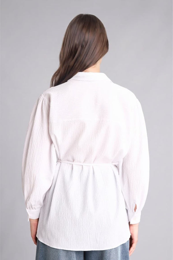 Relax Fit Wrinkle Textured Fabric Long Sleeve White Tunic