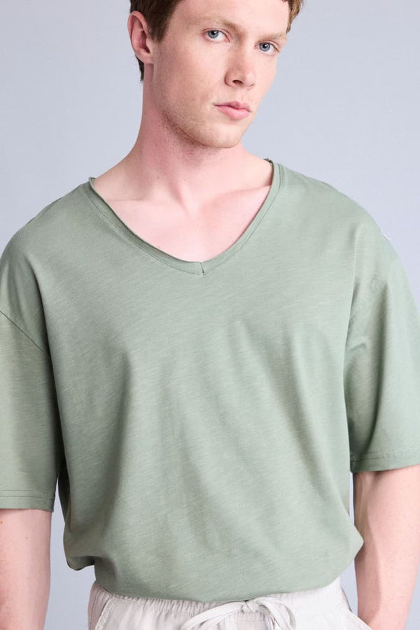 100% Cotton Boxy Fit V-Neck Pressed Washed Effect Short Sleeve T-Shirt
