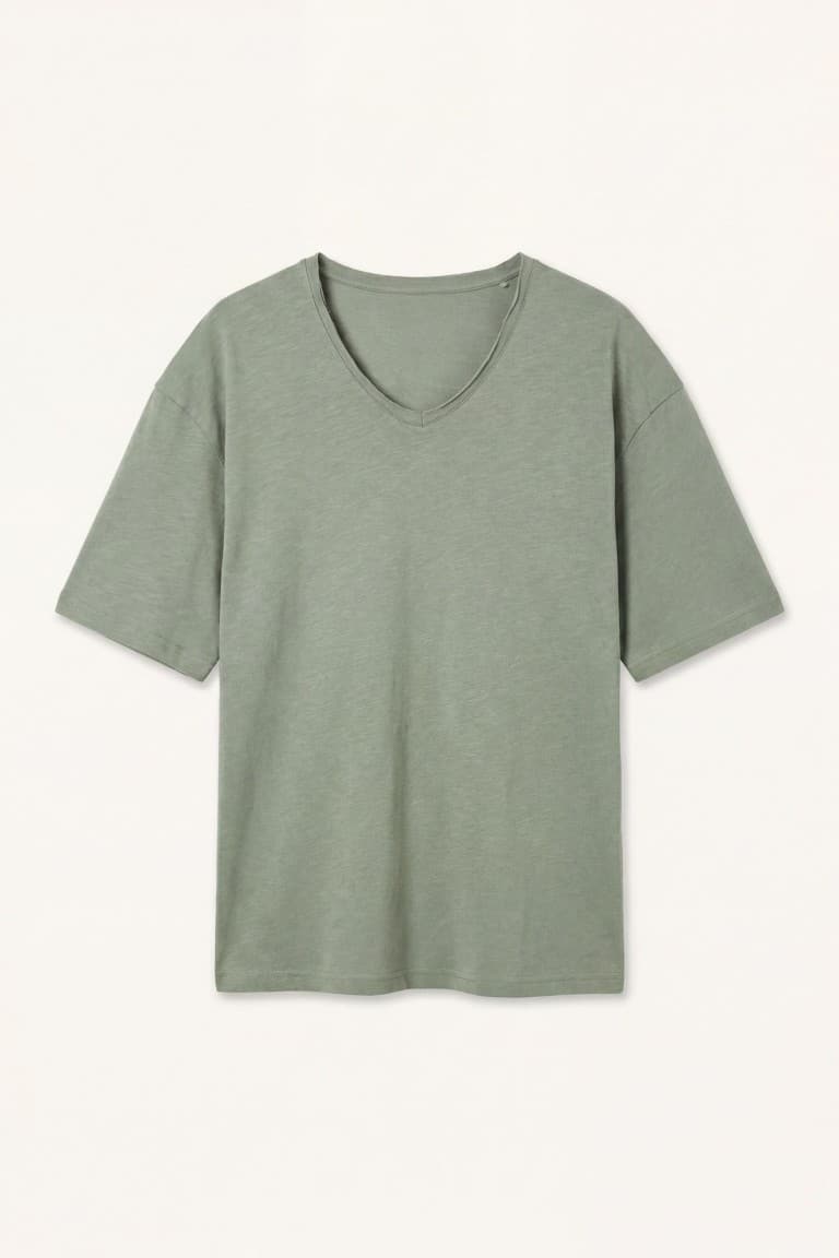 100% Cotton Boxy Fit V-Neck Pressed Washed Effect Short Sleeve T-Shirt