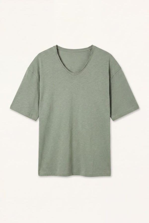 100% Cotton Boxy Fit V-Neck Pressed Washed Effect Short Sleeve T-Shirt