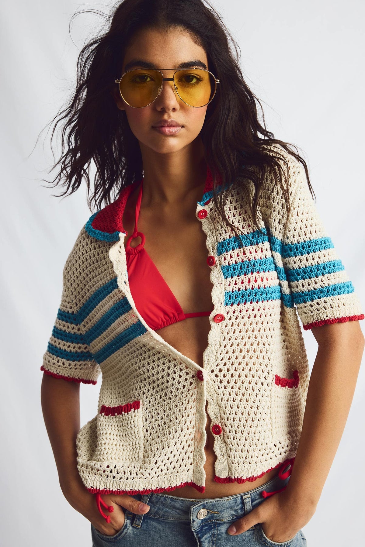 Regular Fit Polo Collar Openwork Knitwear Ecru Cardigan Main image