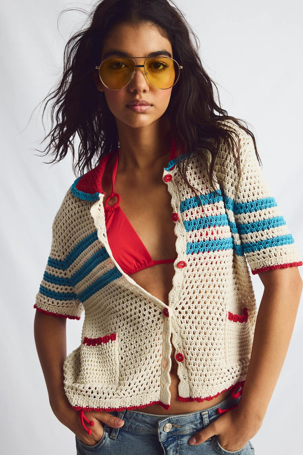 Regular Fit Polo Collar Openwork Knitwear Ecru Cardigan