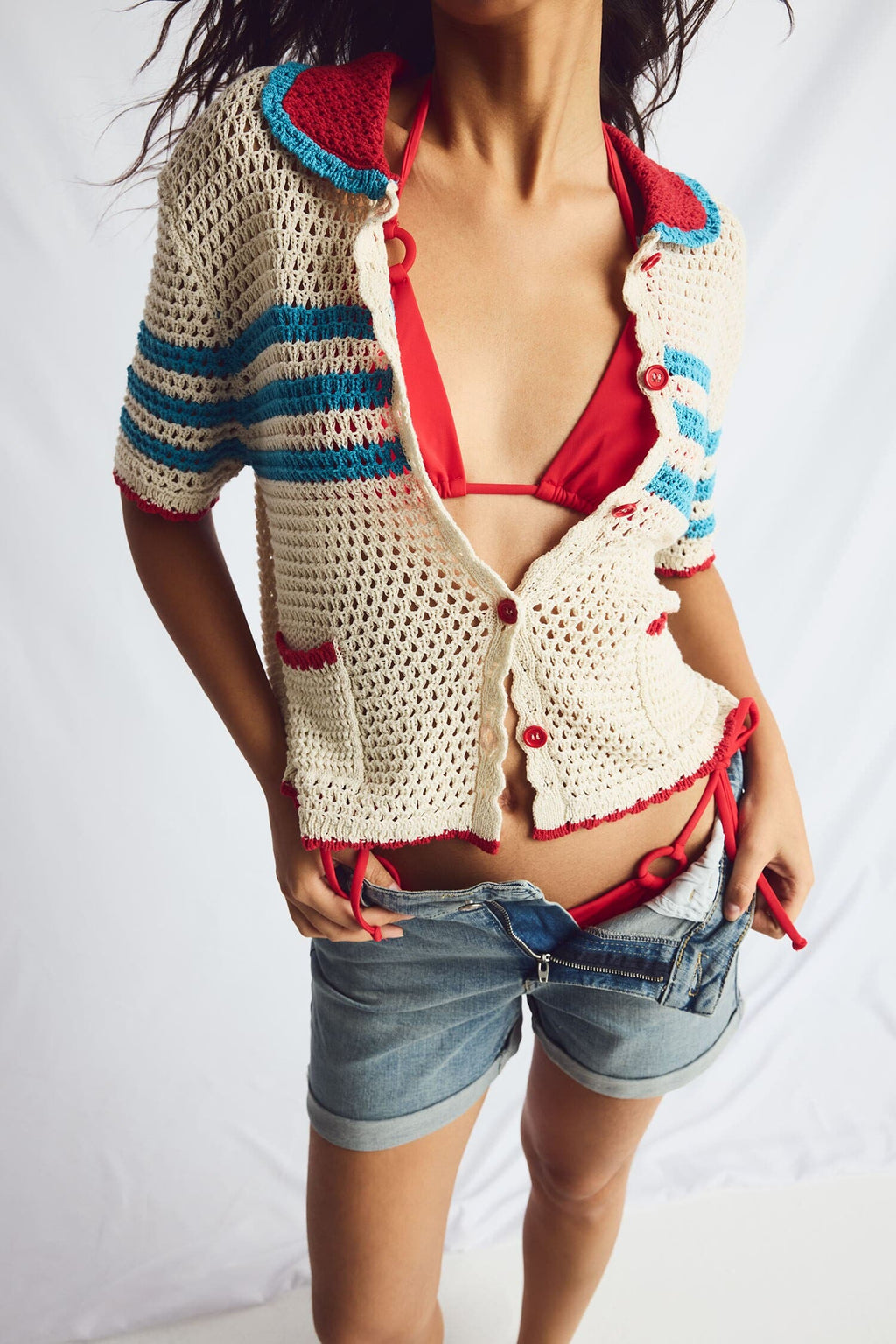 Regular Fit Polo Collar Openwork Knitwear Ecru Cardigan