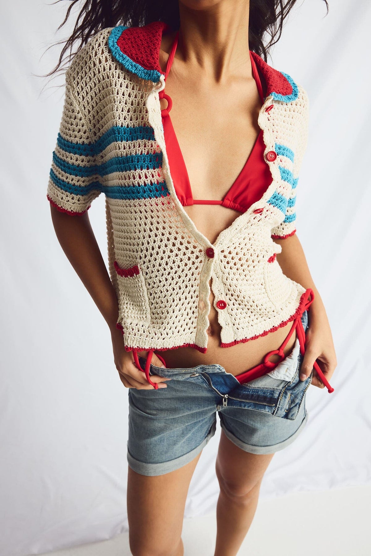 Regular Fit Polo Collar Openwork Knitwear Ecru Cardigan