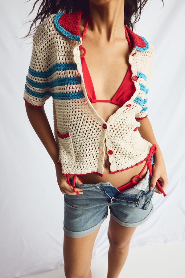 Regular Fit Polo Collar Openwork Knitwear Ecru Cardigan