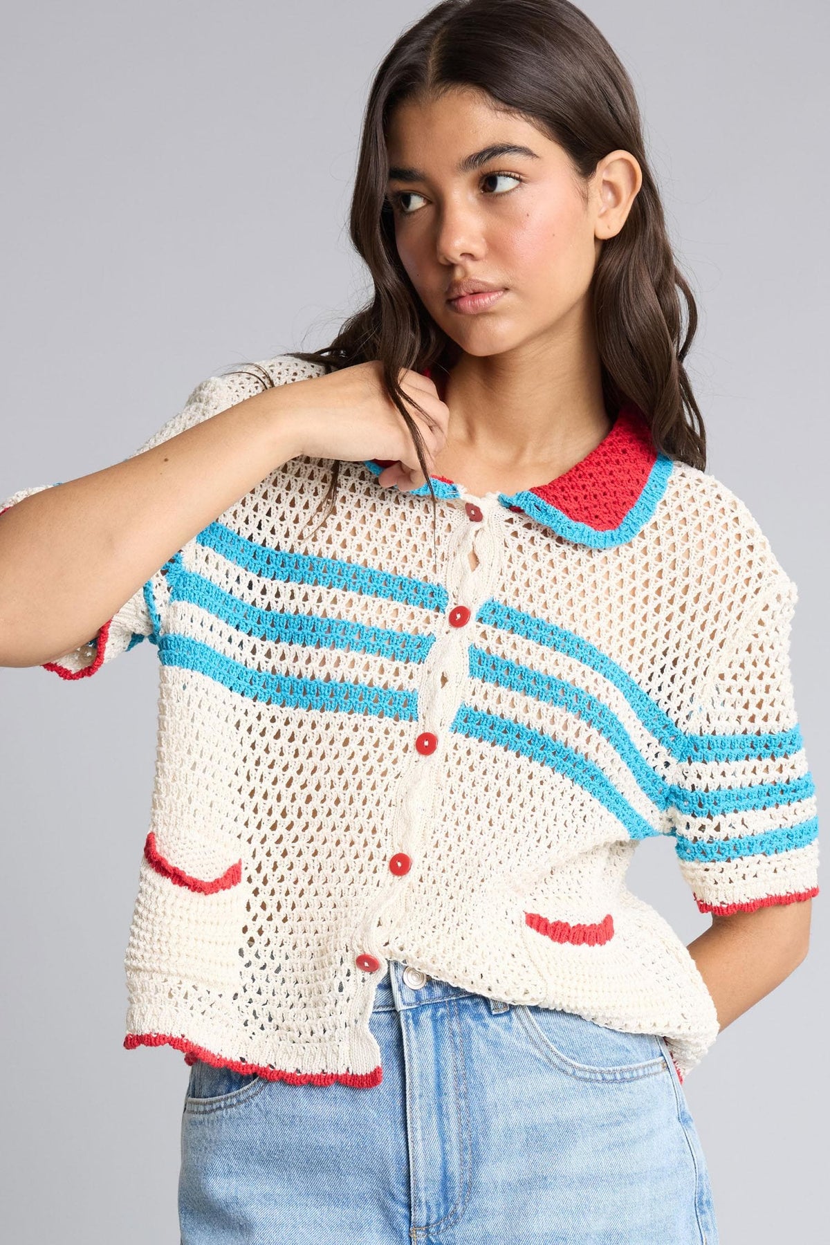 Regular Fit Polo Collar Openwork Knitwear Ecru Cardigan