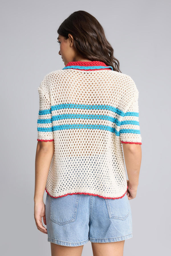 Regular Fit Polo Collar Openwork Knitwear Ecru Cardigan