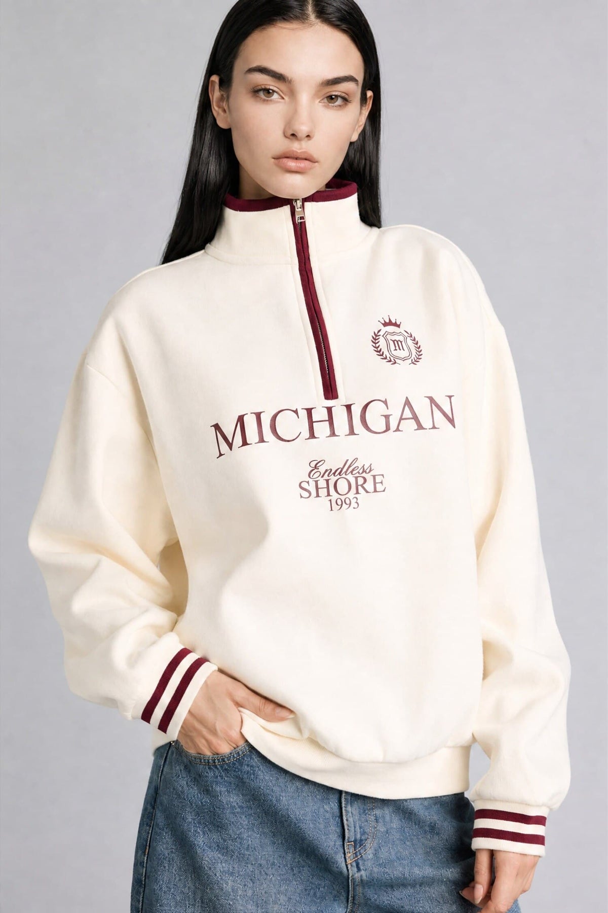 Relax Fit Polo Collar Printed Thick Sweatshirt Fabric Sweatshirt