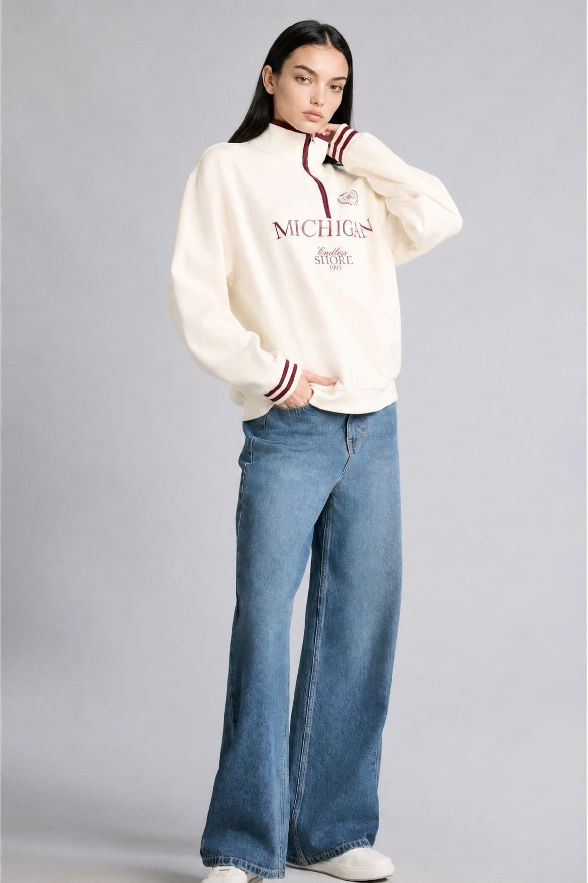 Relax Fit Polo Collar Printed Thick Sweatshirt Fabric Sweatshirt
