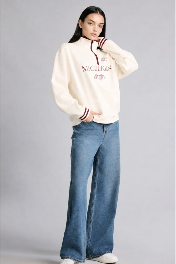 Relax Fit Polo Collar Printed Thick Sweatshirt Fabric Sweatshirt