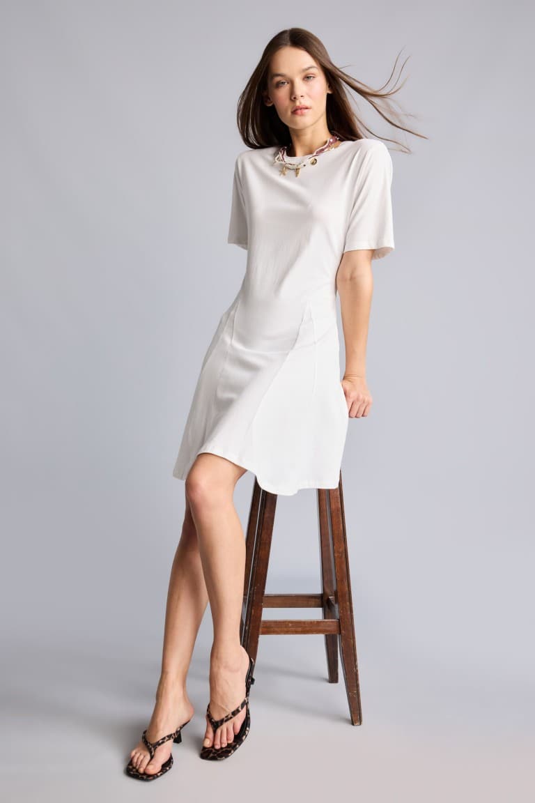 100% Cotton Crew Neck Short Sleeve White Mini Dress