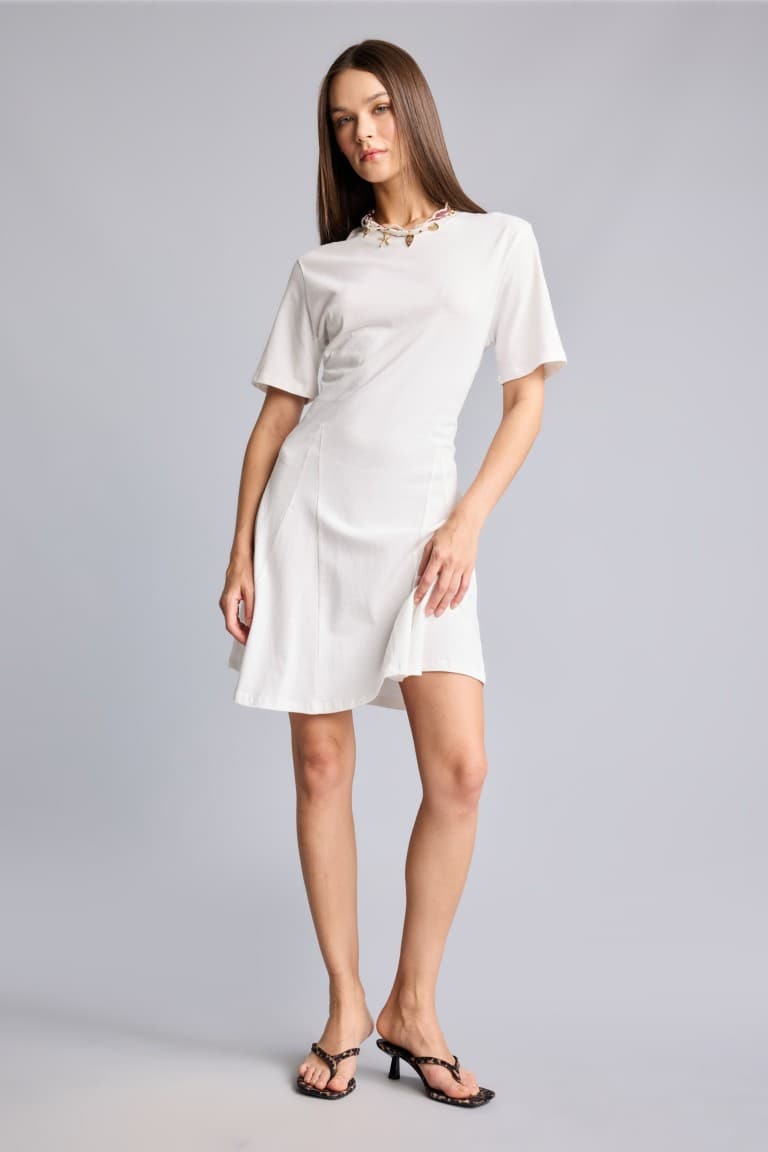 100% Cotton Crew Neck Short Sleeve White Mini Dress