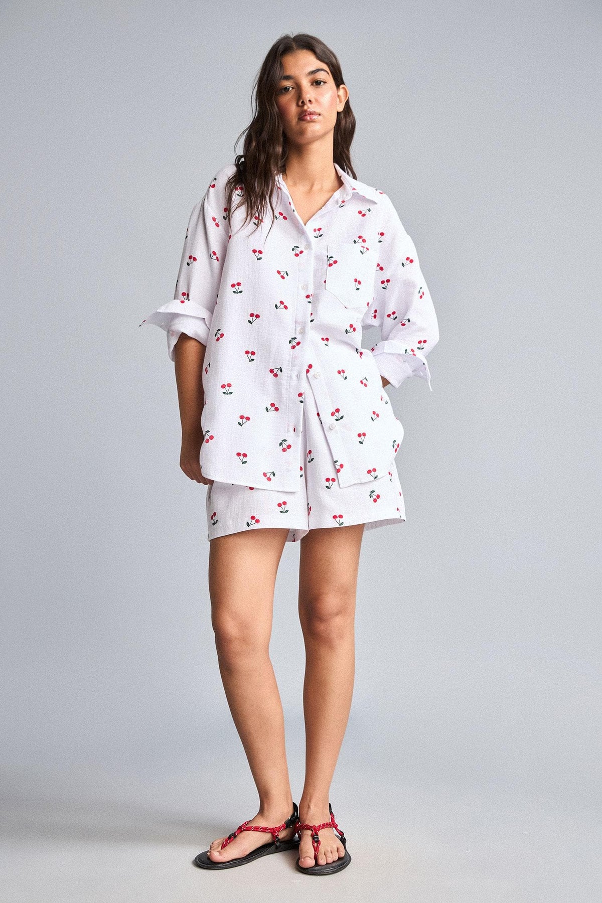 100% Cotton Muslin Cherry Printed Ecru Short Shorts