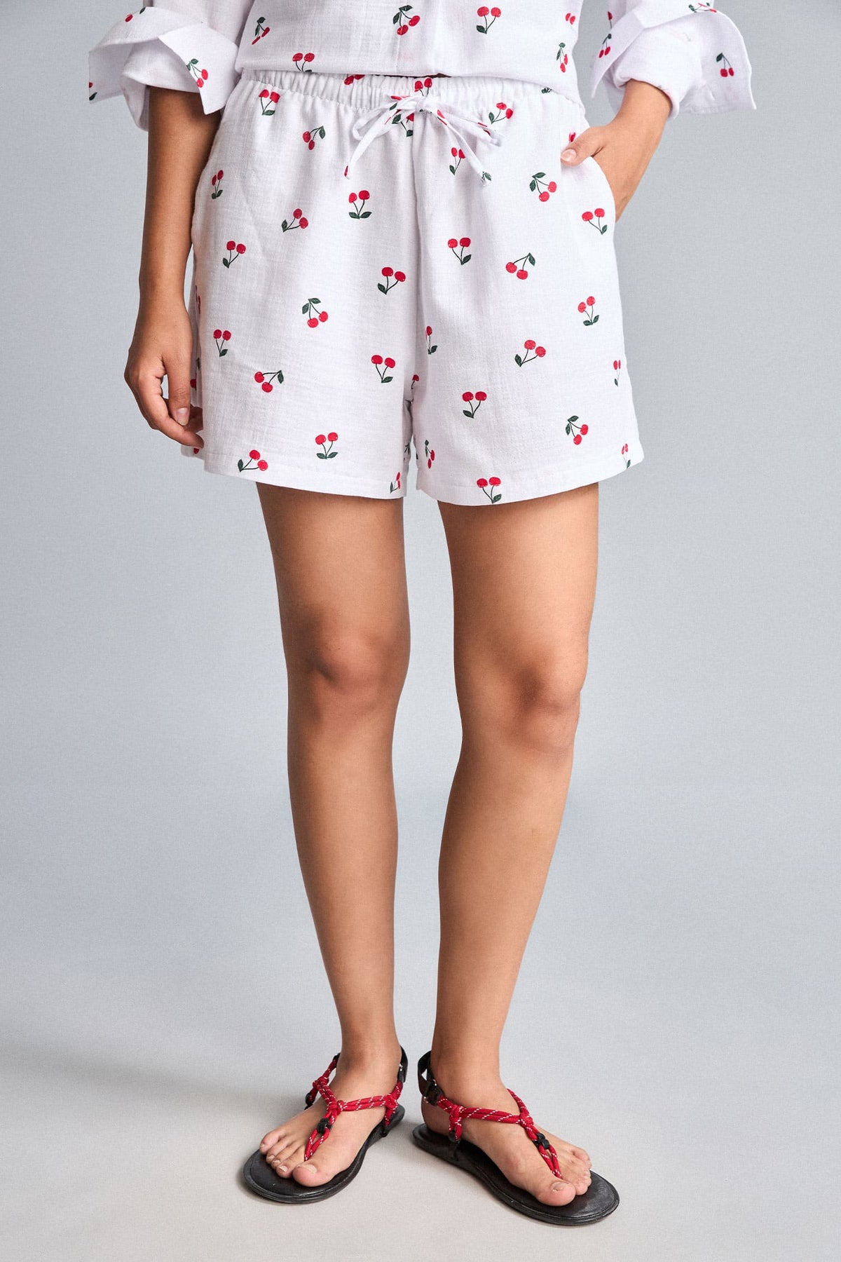 100% Cotton Muslin Cherry Printed Ecru Short Shorts
