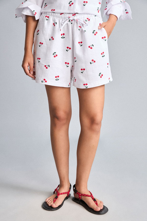 100% Cotton Muslin Cherry Printed Ecru Short Shorts