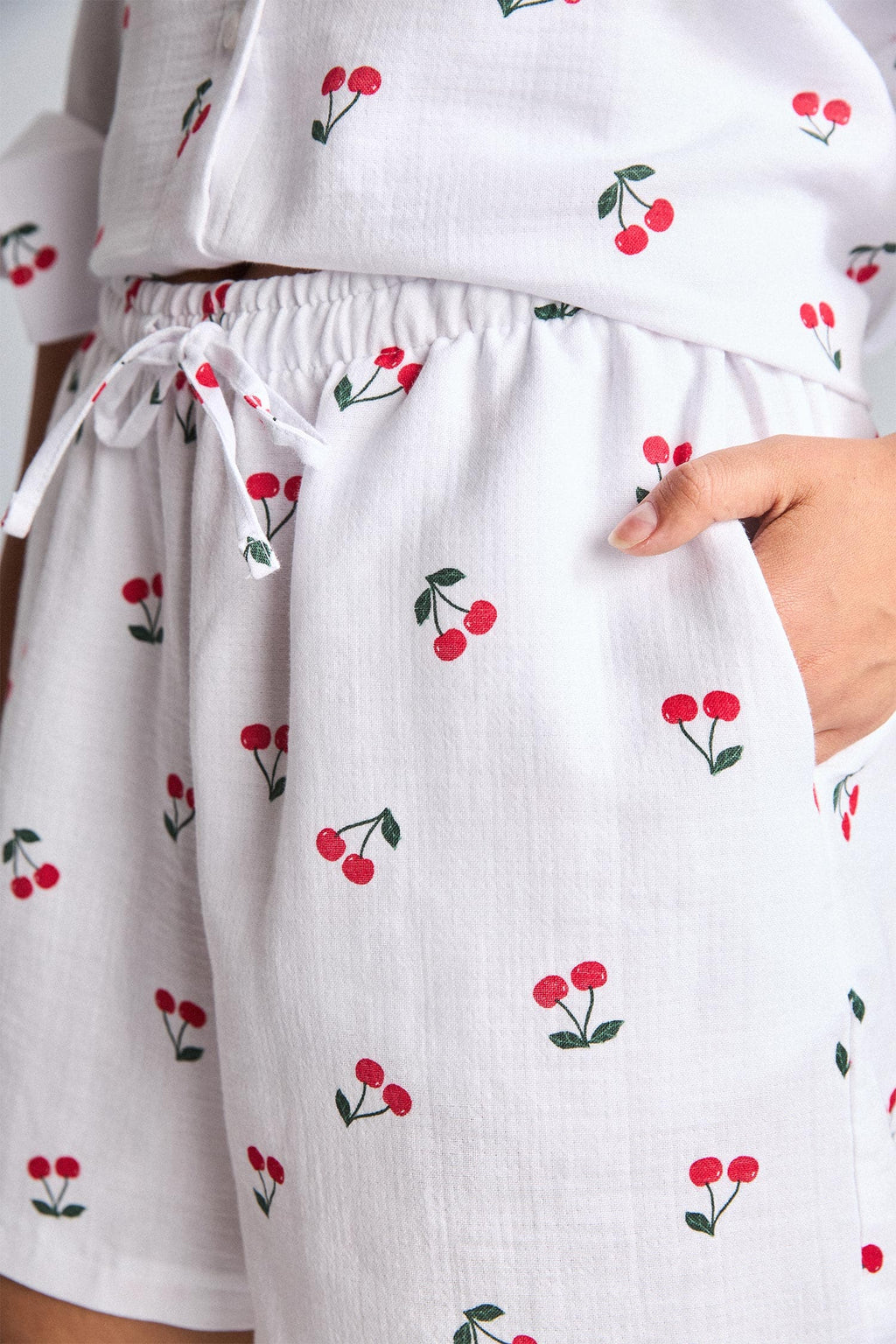 100% Cotton Muslin Cherry Printed Ecru Short Shorts