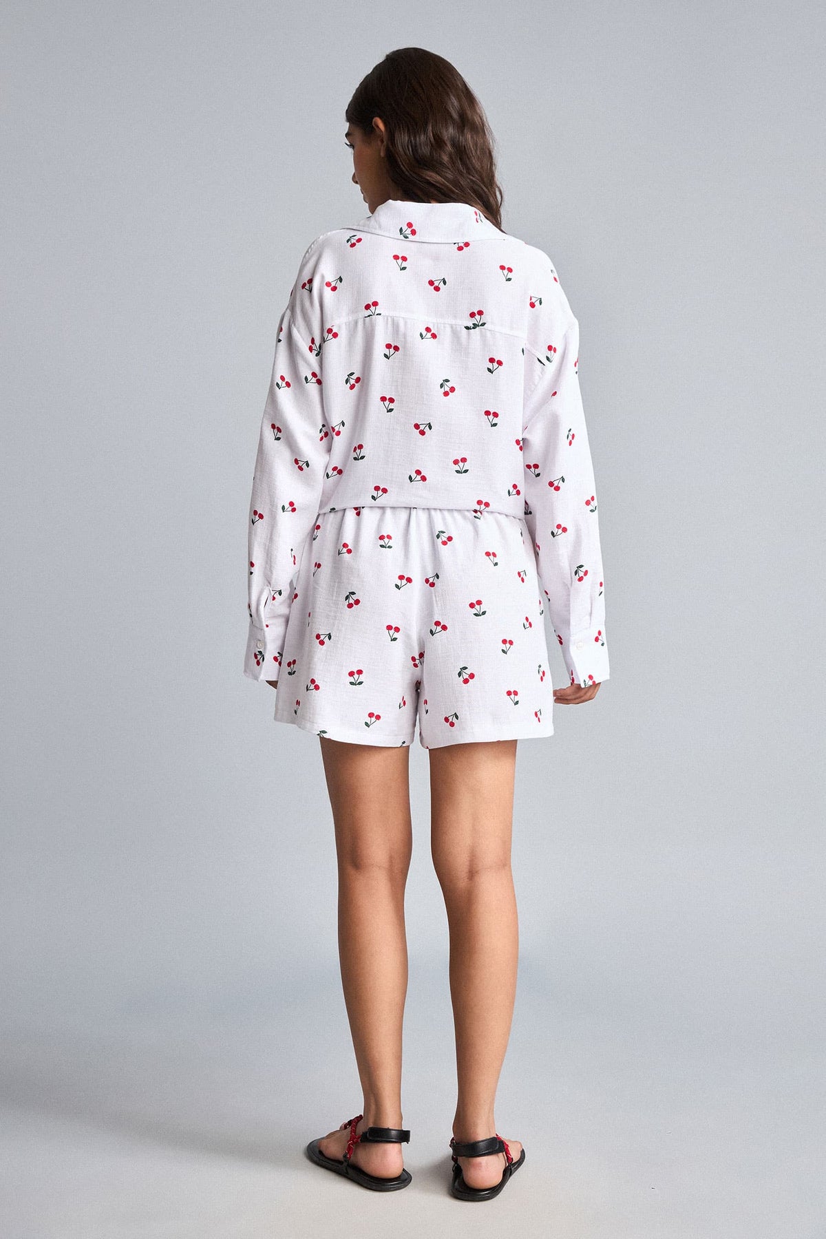 100% Cotton Muslin Cherry Printed Ecru Short Shorts