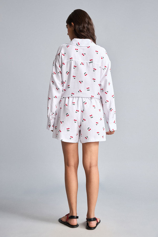100% Cotton Muslin Cherry Printed Ecru Short Shorts