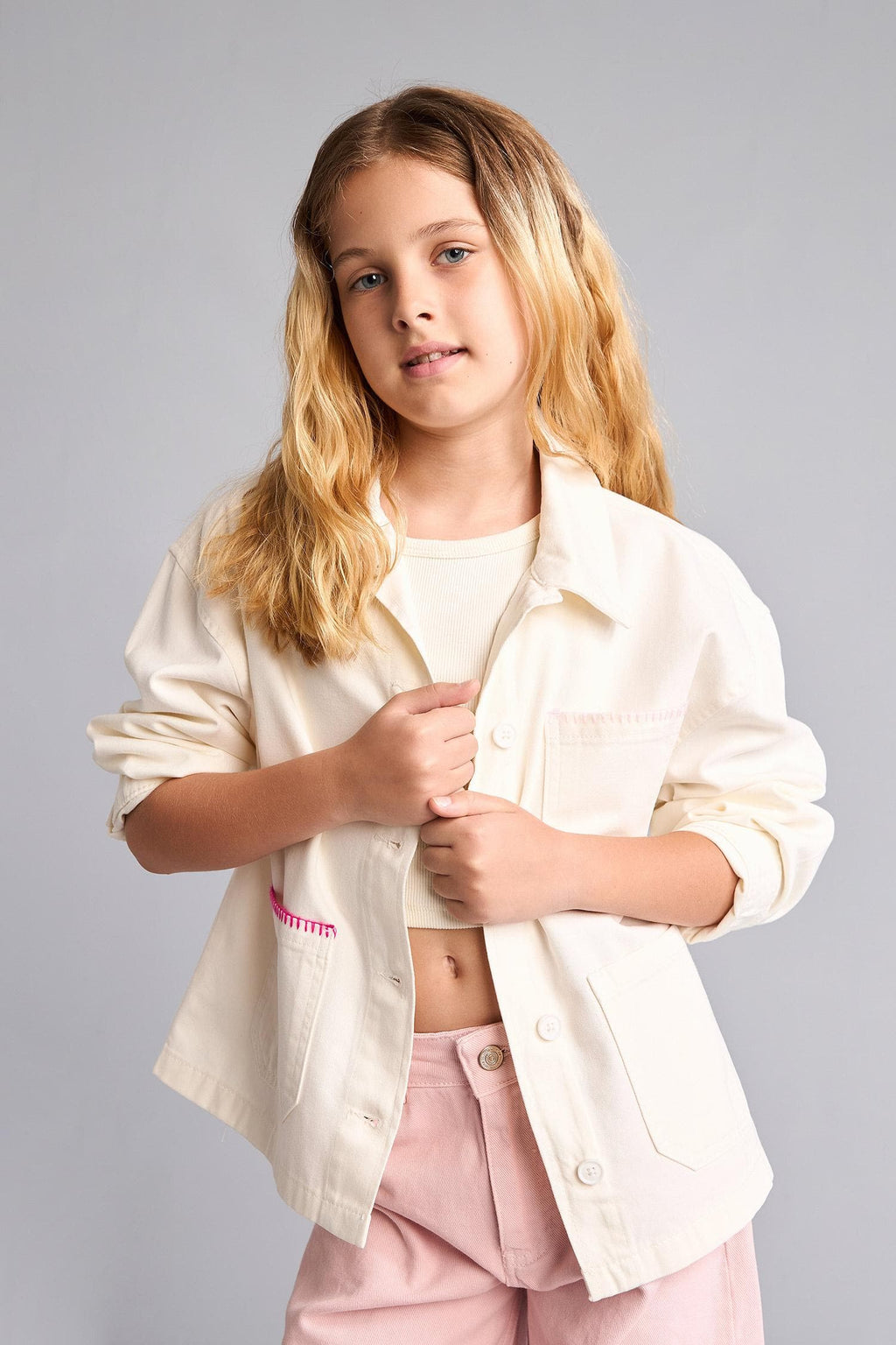 Regular Fit Gabardine Long Sleeve Ecru Shirt For Girls