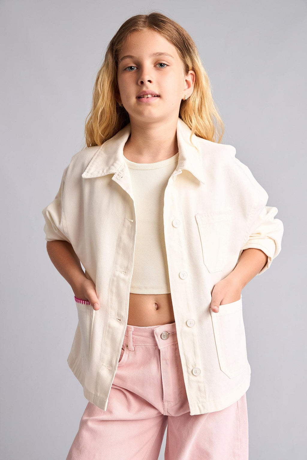 Regular Fit Gabardine Long Sleeve Ecru Shirt For Girls
