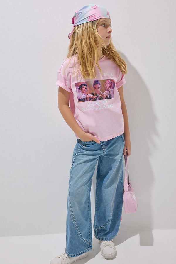 100% Cotton Wide Leg Blue Jean Pants For Girls