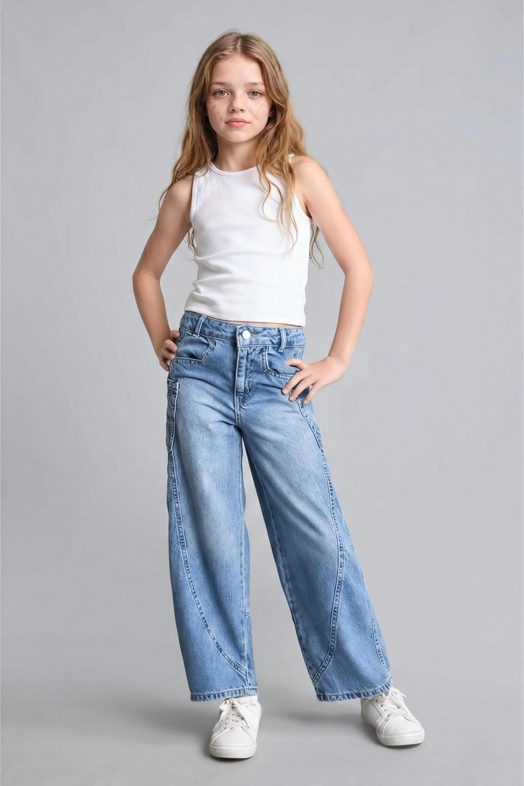 100% Cotton Wide Leg Blue Jean Pants For Girls