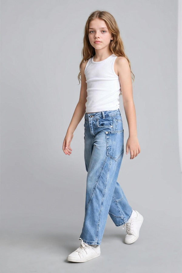 100% Cotton Wide Leg Blue Jean Pants For Girls