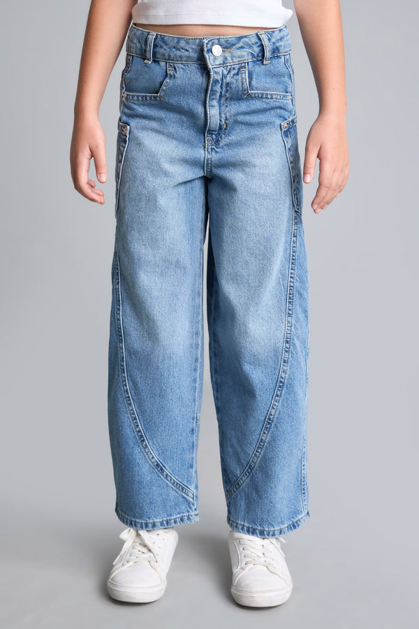 100% Cotton Wide Leg Blue Jean Pants For Girls