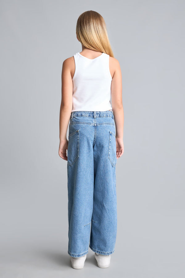 100% Cotton Wide Leg Blue Jean Pants For Girls